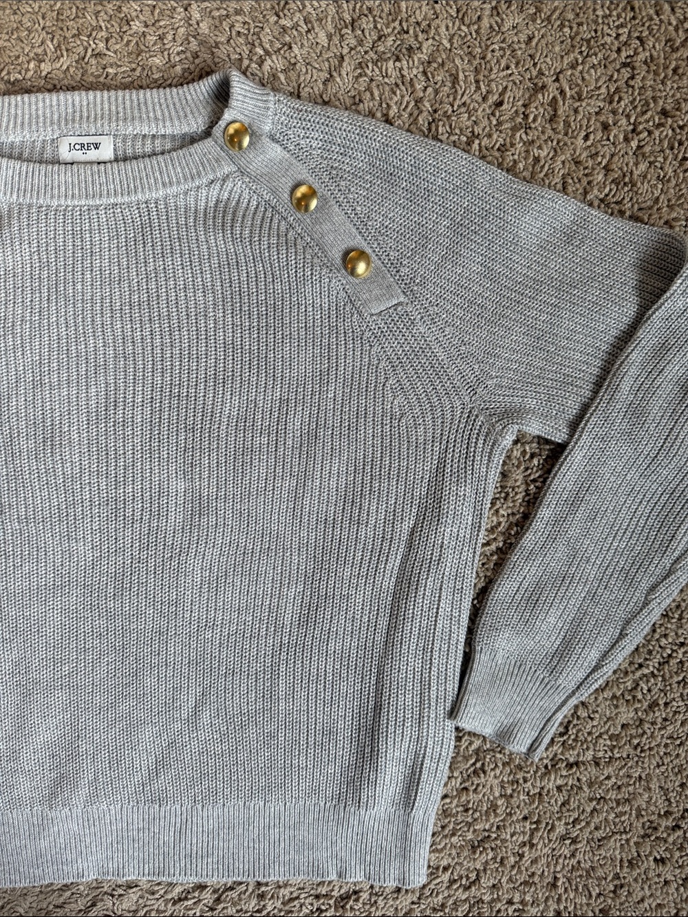 J. Crew Light Gray Crewneck Sweater with Gold Shoulder Buttons